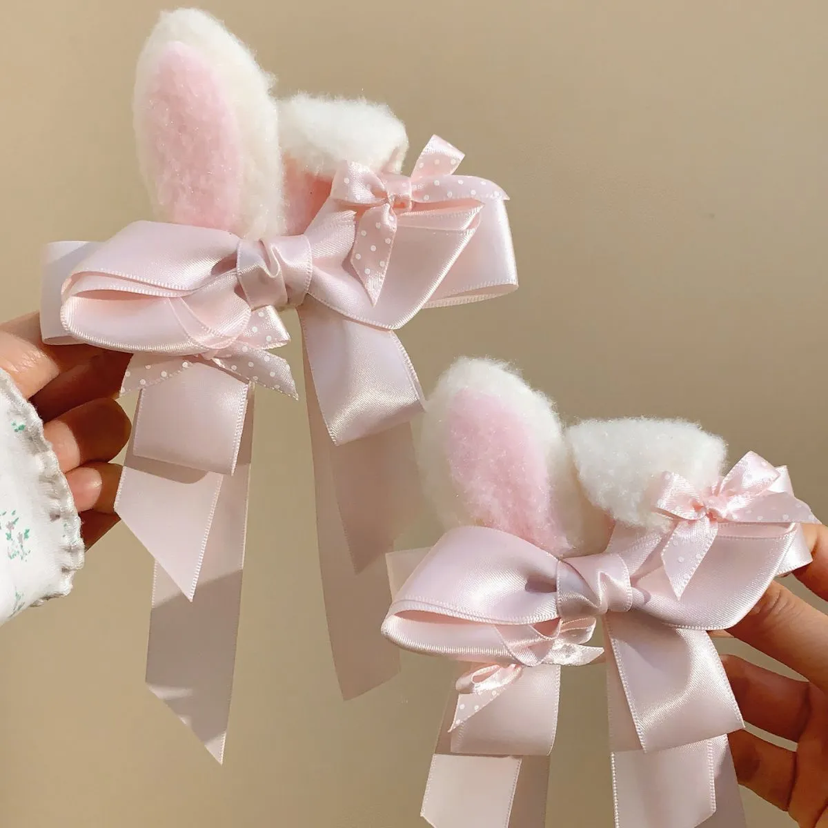 Plush Bunny Ear Hair Clips with Pink Bow for Girls – Cute Side Bangs Clips, Lolita Princess Hair Accessories for Women, Adorable Side Clips for Daily Wear